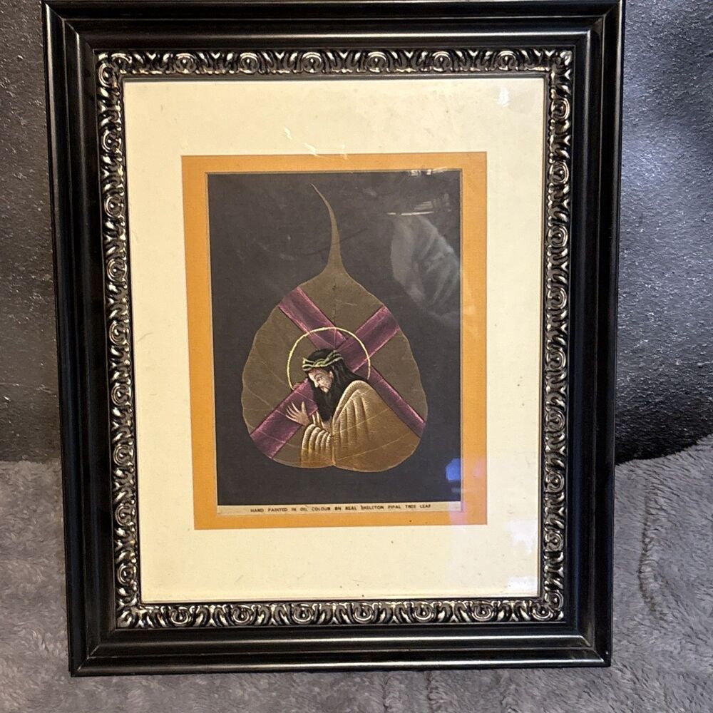 Framed Matted Painting Christ Jesus Hand Painted Oil On Skeleton Pipal Tree Leaf